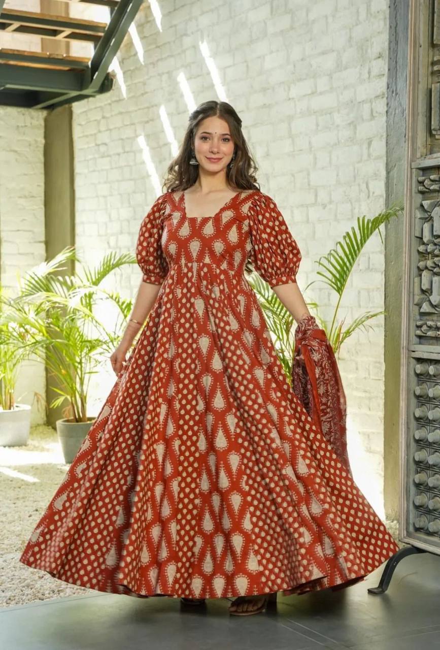 Intricately Designed Heavy Cotton Anarkali Suit Set with Matching Printed Dupatta