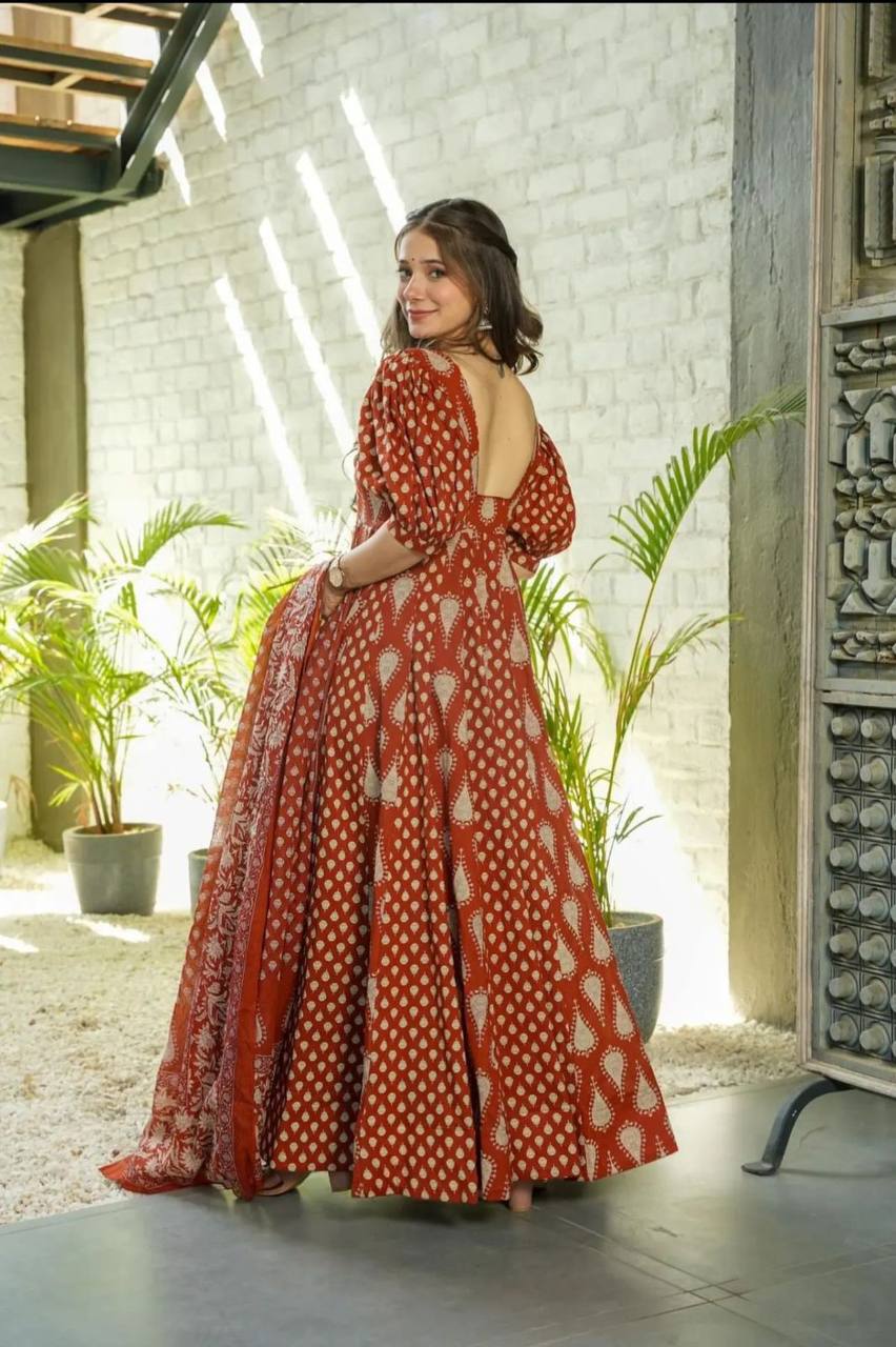 Intricately Designed Heavy Cotton Anarkali Suit Set with Matching Printed Dupatta