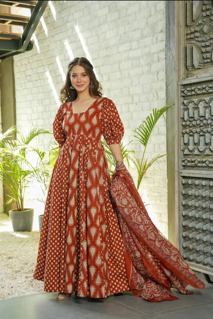 Intricately Designed Heavy Cotton Anarkali Suit Set with Matching Printed Dupatta