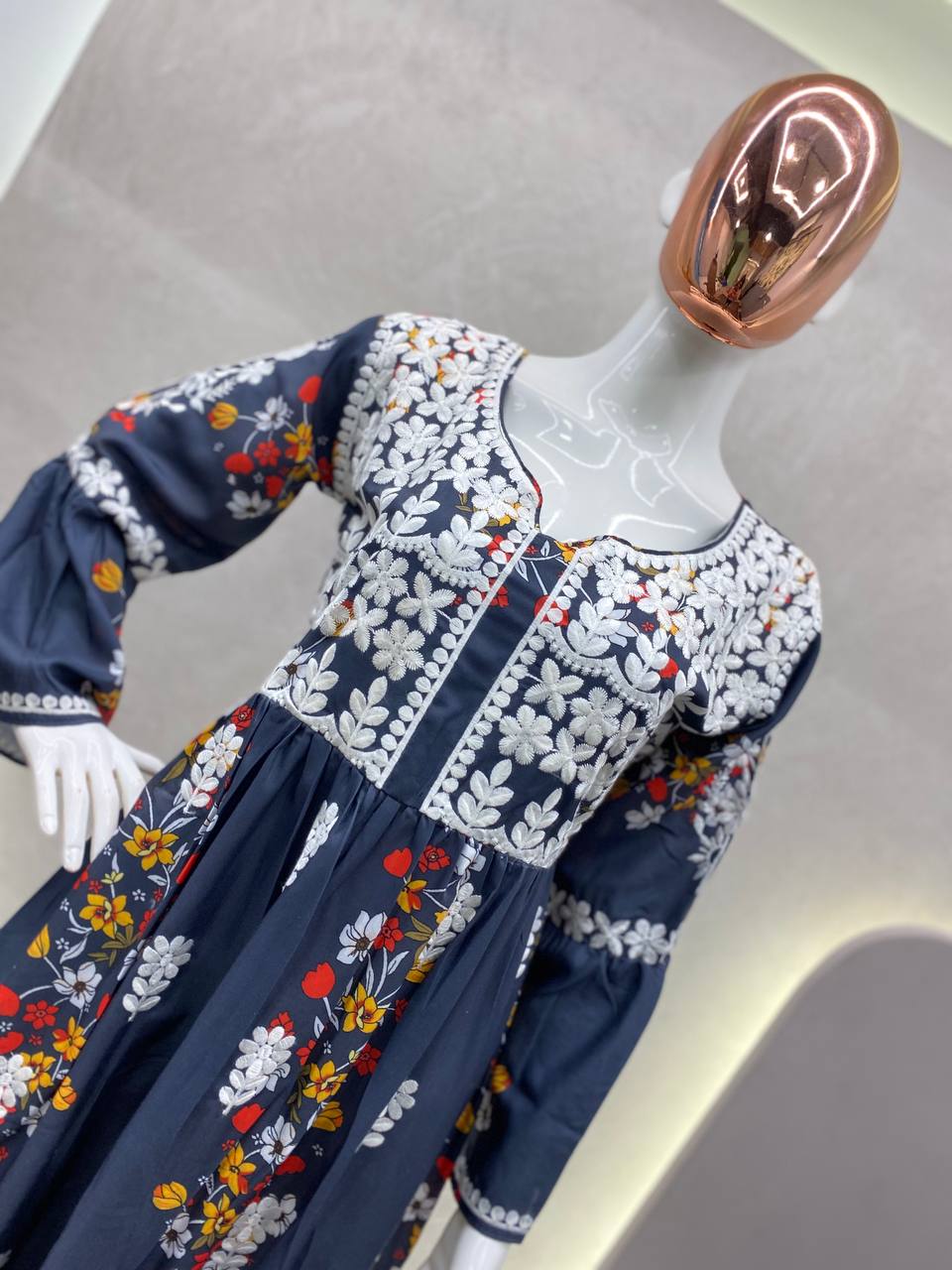 "Trendy Rayon Printed Top with Cotton Thread Embroidery & Matching Work Plazo Set"