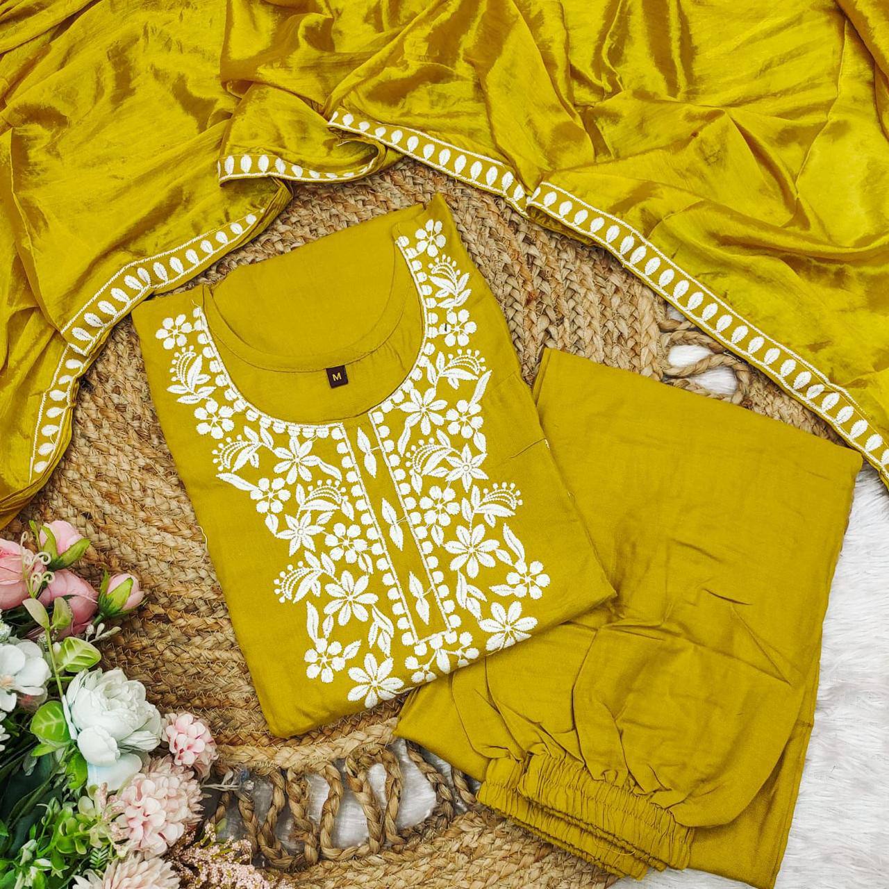 Elegant Rayon Embroidered Flair Suit with Plazo & Nazneen Dupatta