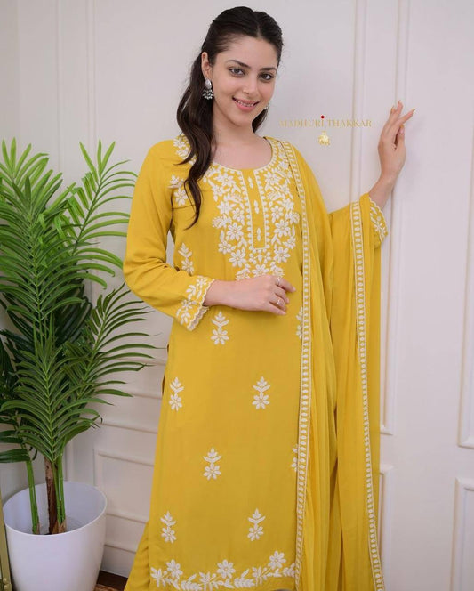 Elegant Rayon Embroidered Flair Suit with Plazo & Nazneen Dupatta