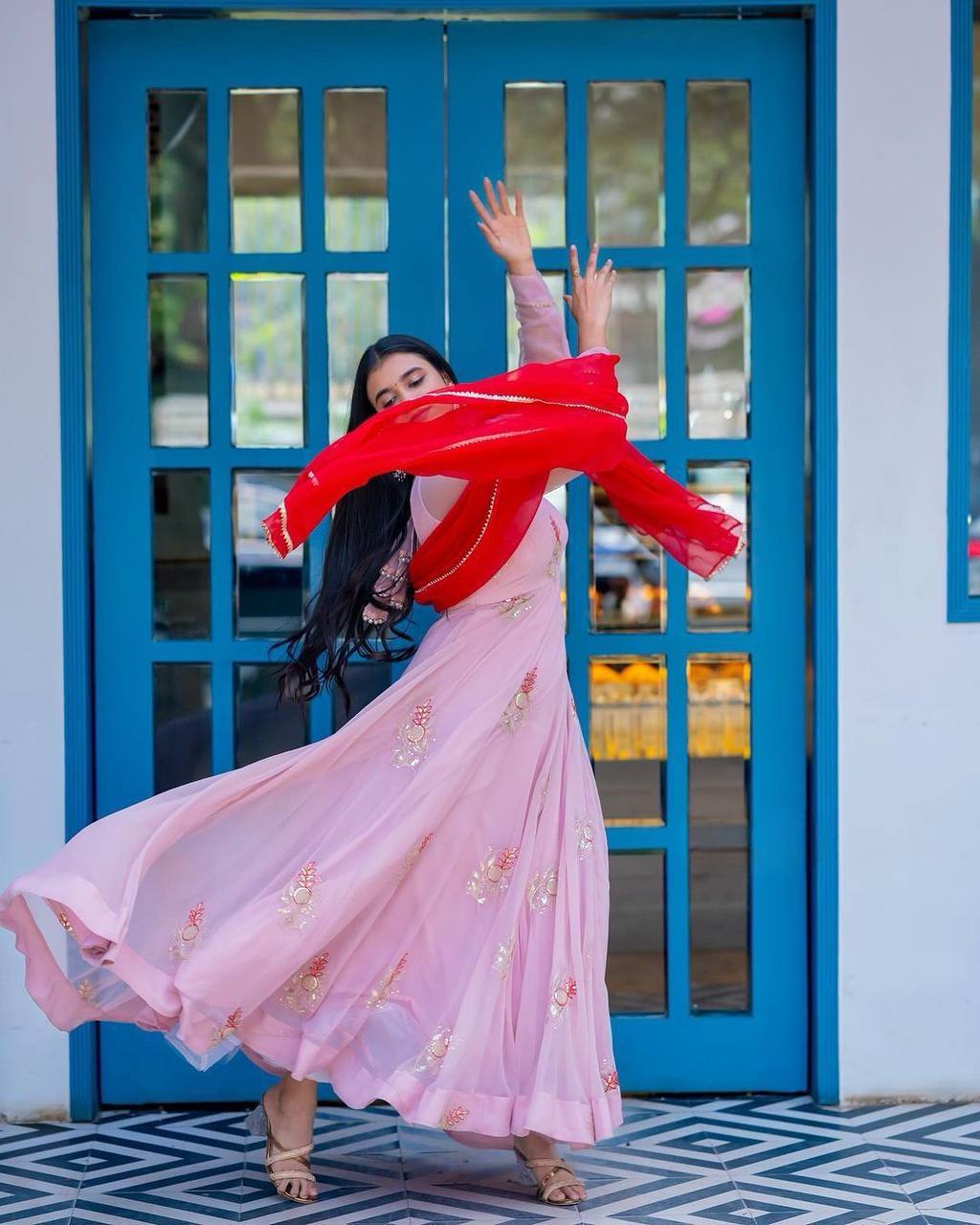 Elegant Pakistani-Style Georgette Anarkali Gown with Sequin Embroidery and Lace Dupatta