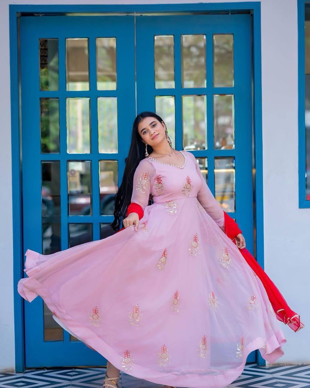 Elegant Pakistani-Style Georgette Anarkali Gown with Sequin Embroidery and Lace Dupatta