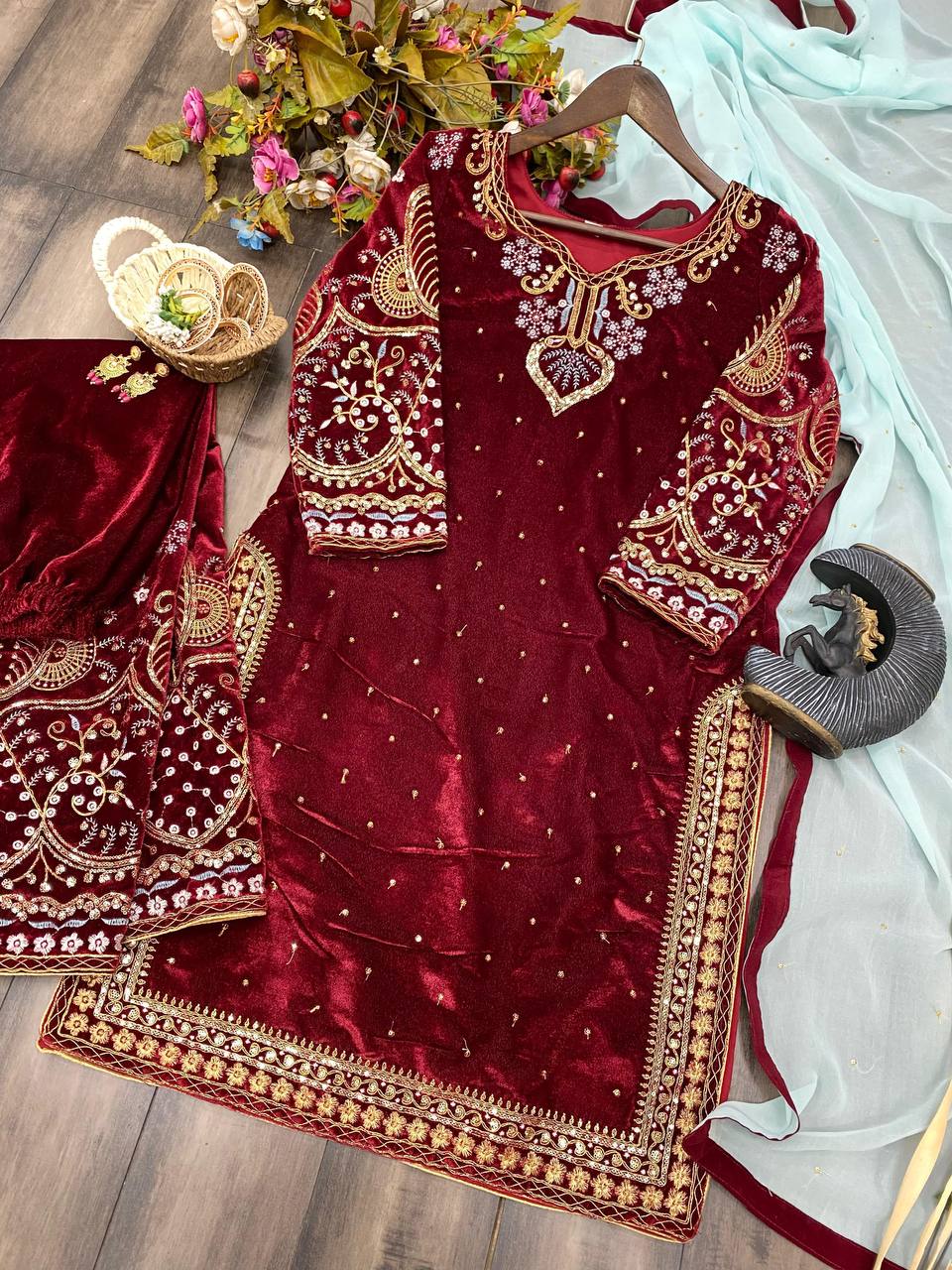 Luxurious Velvet Winter Suit with Cording Sequence Embroidery & Elegant Dupatta