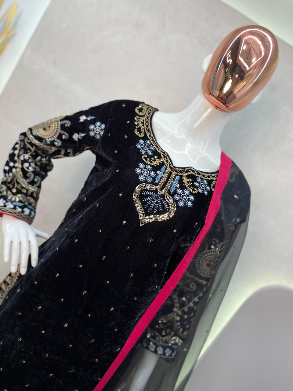 Luxurious Velvet Winter Suit with Cording Sequence Embroidery & Elegant Dupatta