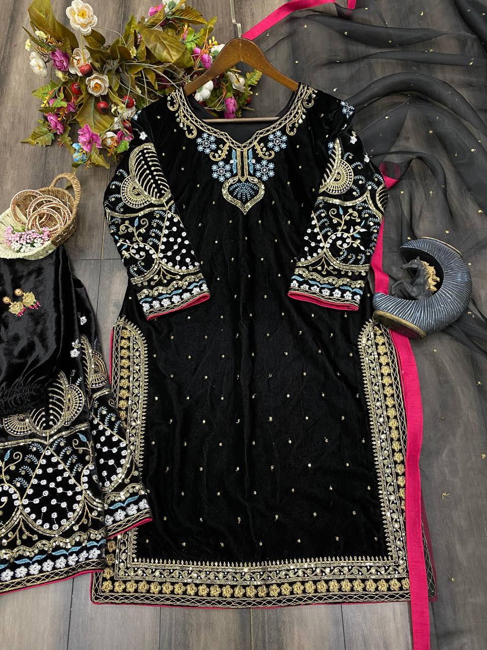 Luxurious Velvet Winter Suit with Cording Sequence Embroidery & Elegant Dupatta