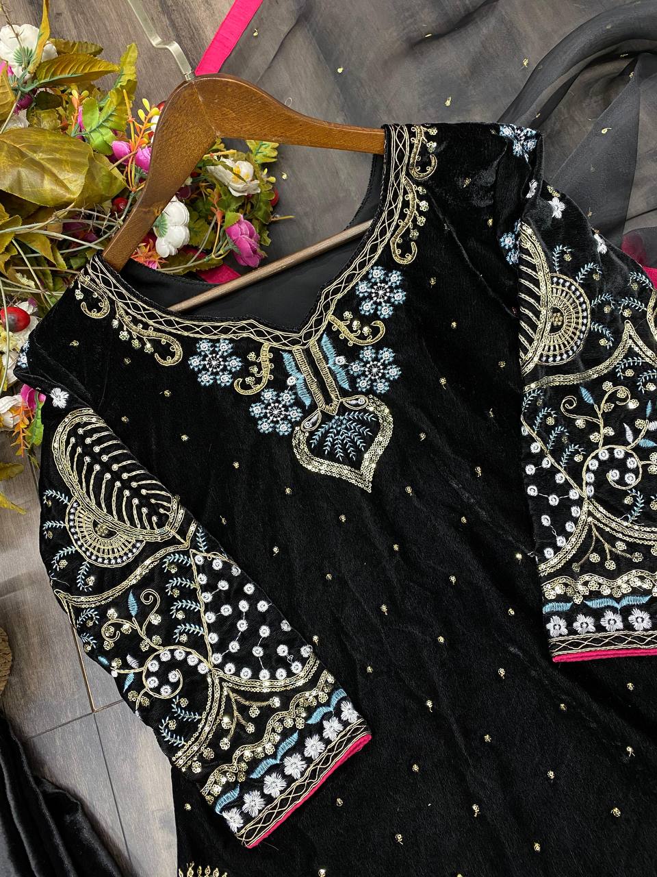 Luxurious Velvet Winter Suit with Cording Sequence Embroidery & Elegant Dupatta