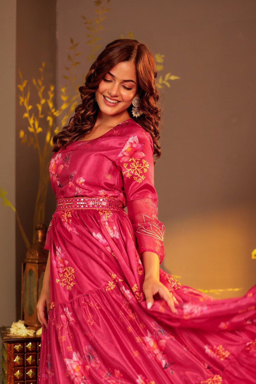 Graceful Floral Print Long Anarkali with Embroidered sleeves Design