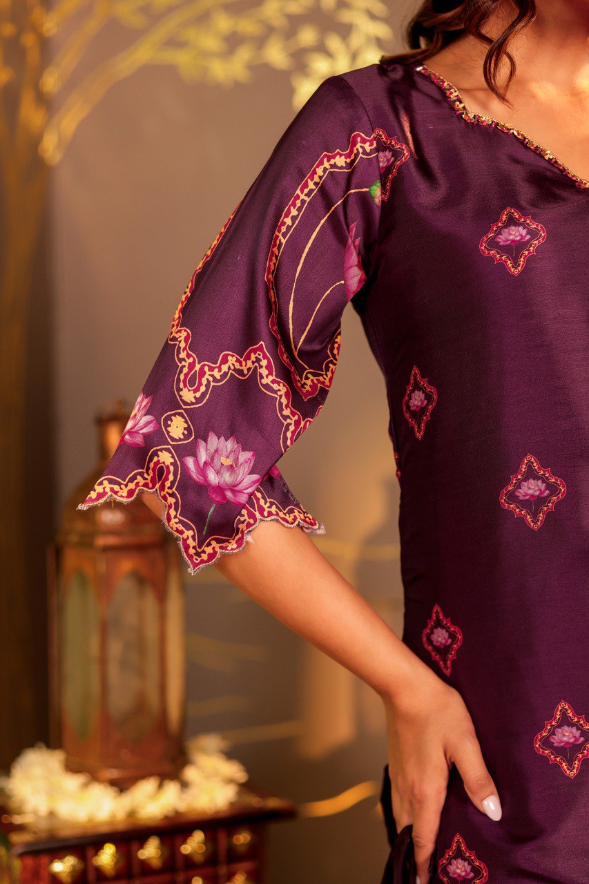 Elegant Lotus Bloom: Sophisticated wine Floral Printed Silk Suit Set with Scalloped Edges"