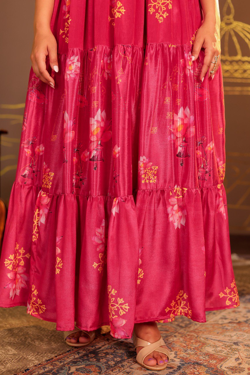 Graceful Floral Print Long Anarkali with Embroidered sleeves Design