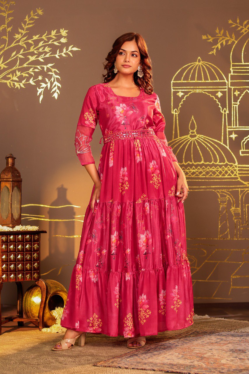 Graceful Floral Print Long Anarkali with Embroidered sleeves Design