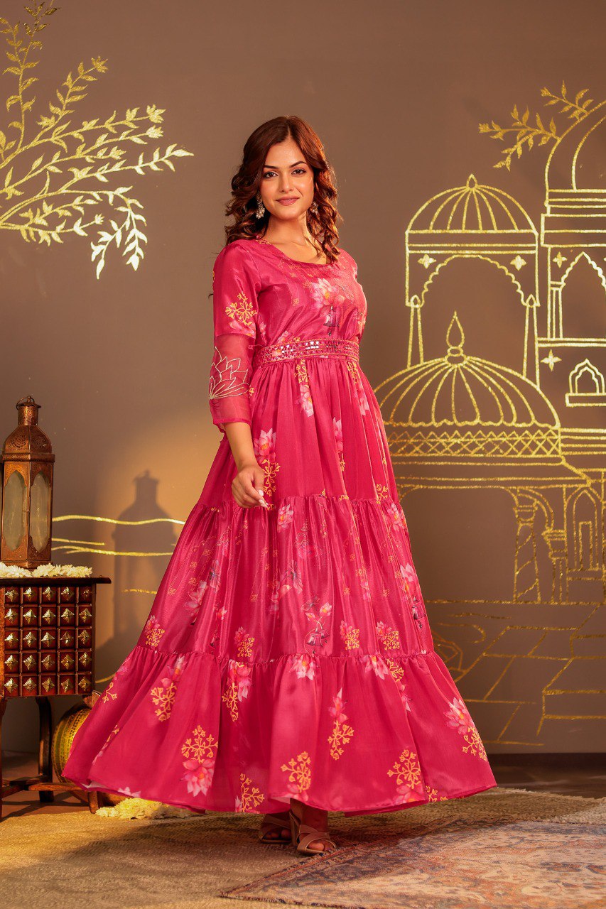 Graceful Floral Print Long Anarkali with Embroidered sleeves Design