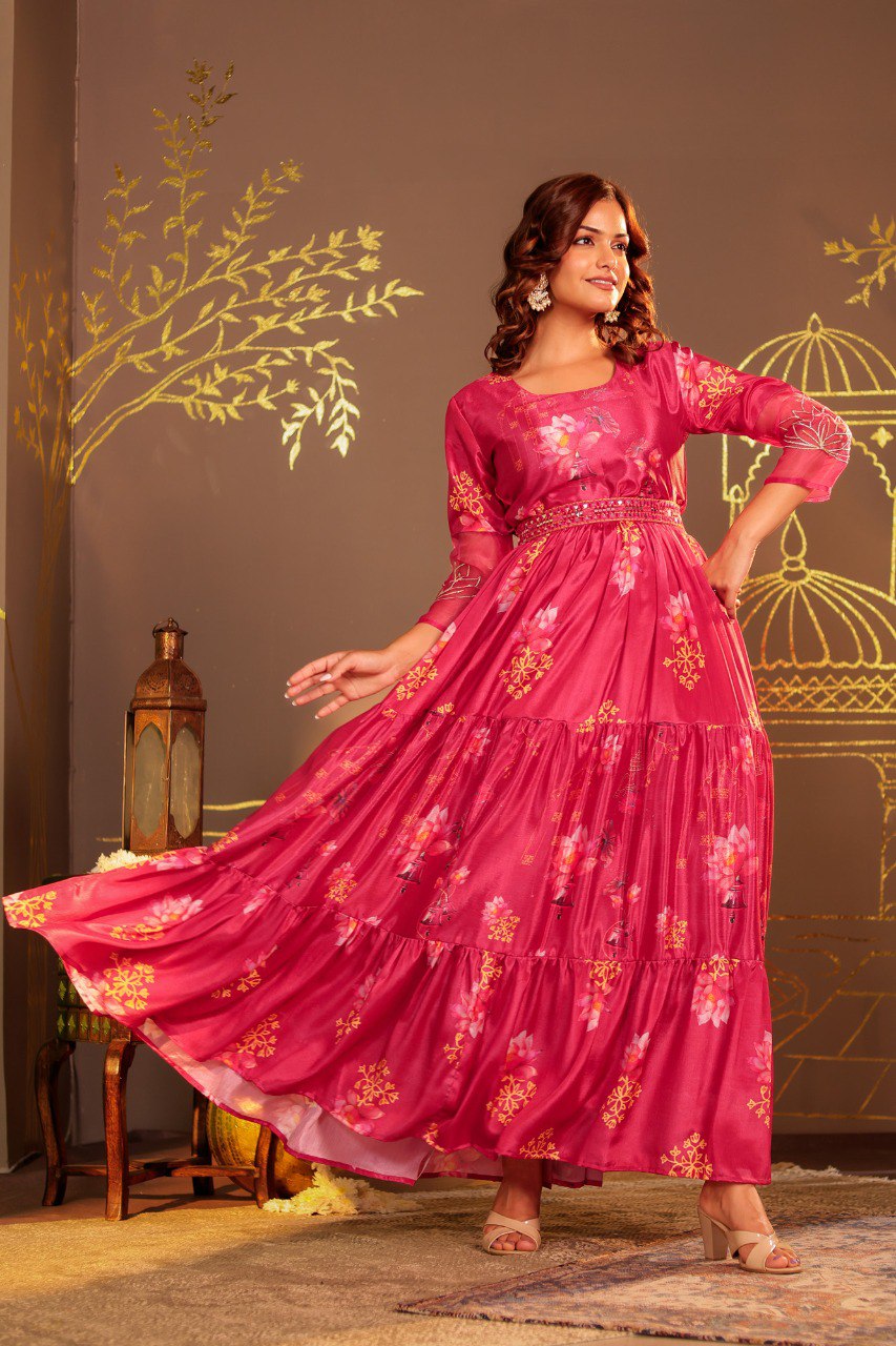 Graceful Floral Print Long Anarkali with Embroidered sleeves Design