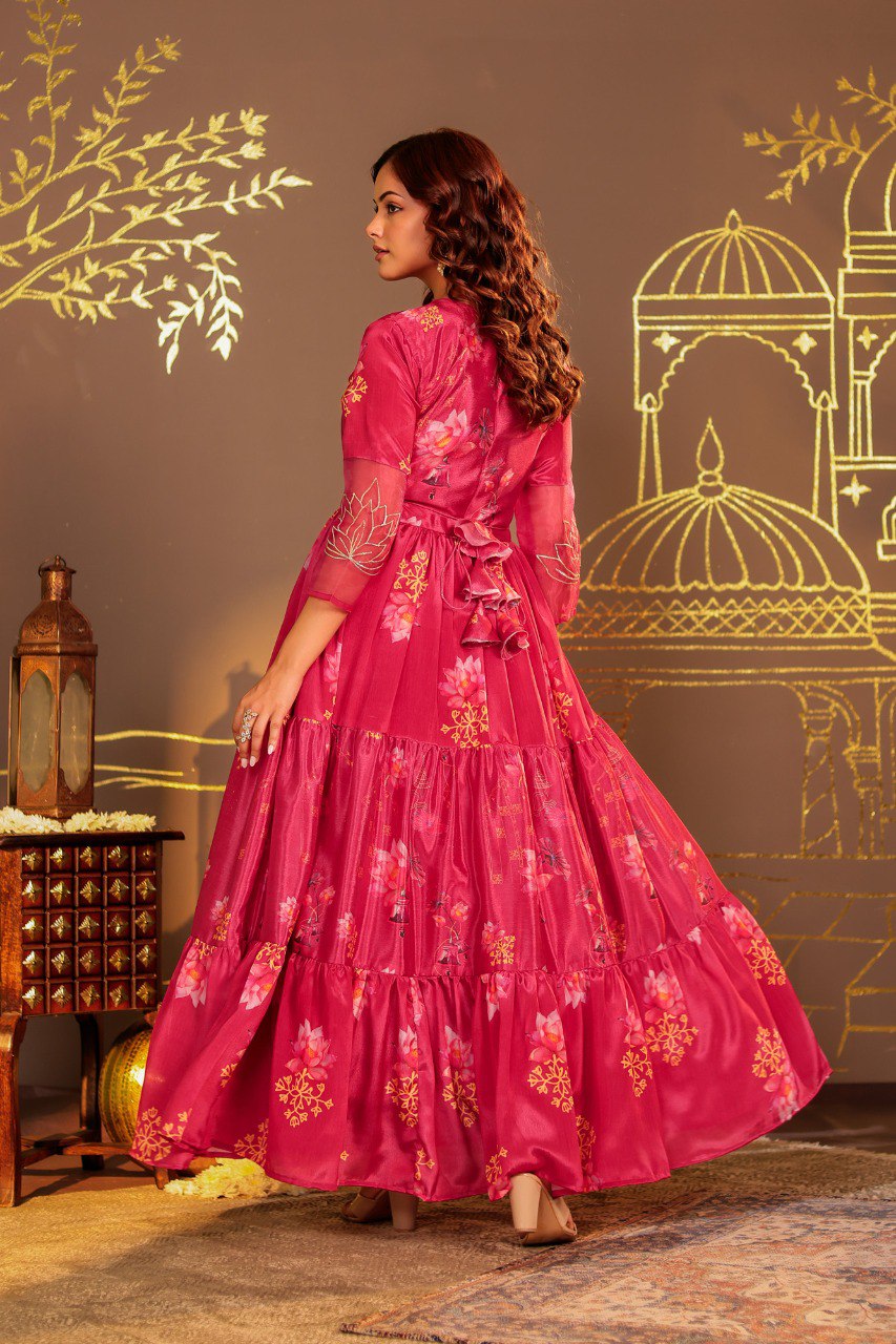 Graceful Floral Print Long Anarkali with Embroidered sleeves Design