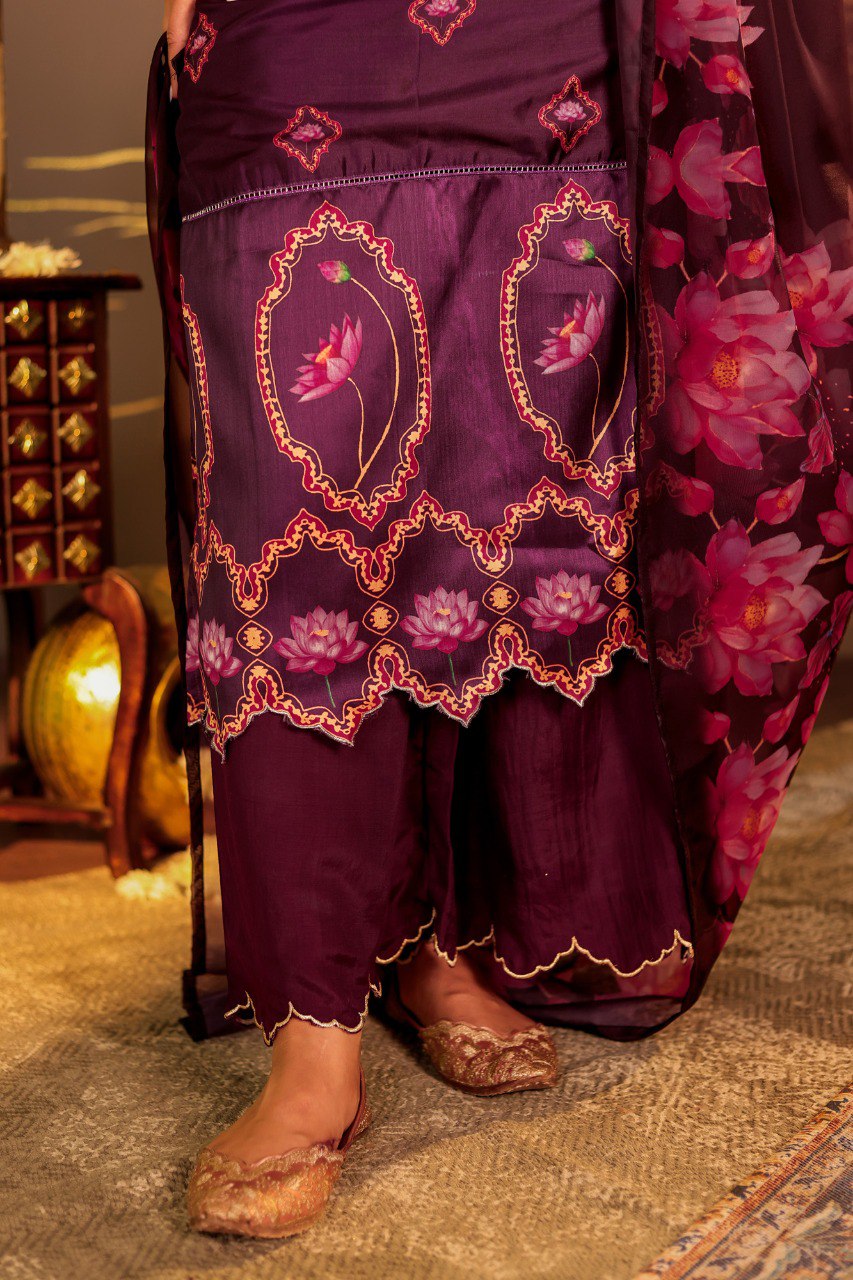 Elegant Lotus Bloom: Sophisticated wine Floral Printed Silk Suit Set with Scalloped Edges"