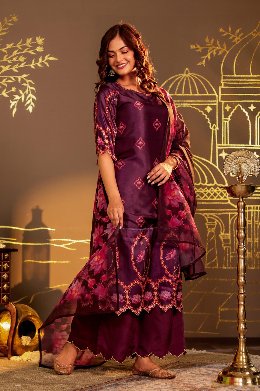 Elegant Lotus Bloom: Sophisticated wine Floral Printed Silk Suit Set with Scalloped Edges"