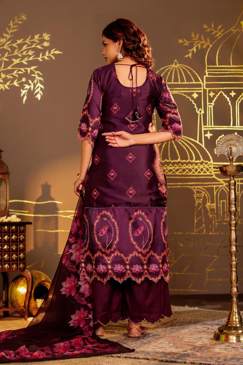 Elegant Lotus Bloom: Sophisticated wine Floral Printed Silk Suit Set with Scalloped Edges"