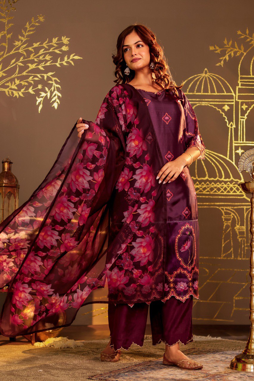 Elegant Lotus Bloom: Sophisticated wine Floral Printed Silk Suit Set with Scalloped Edges"