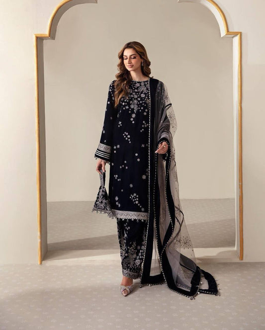 Elegant Winter Velvet Suit with Sequence Embroidery & Stylish Net Dupatta