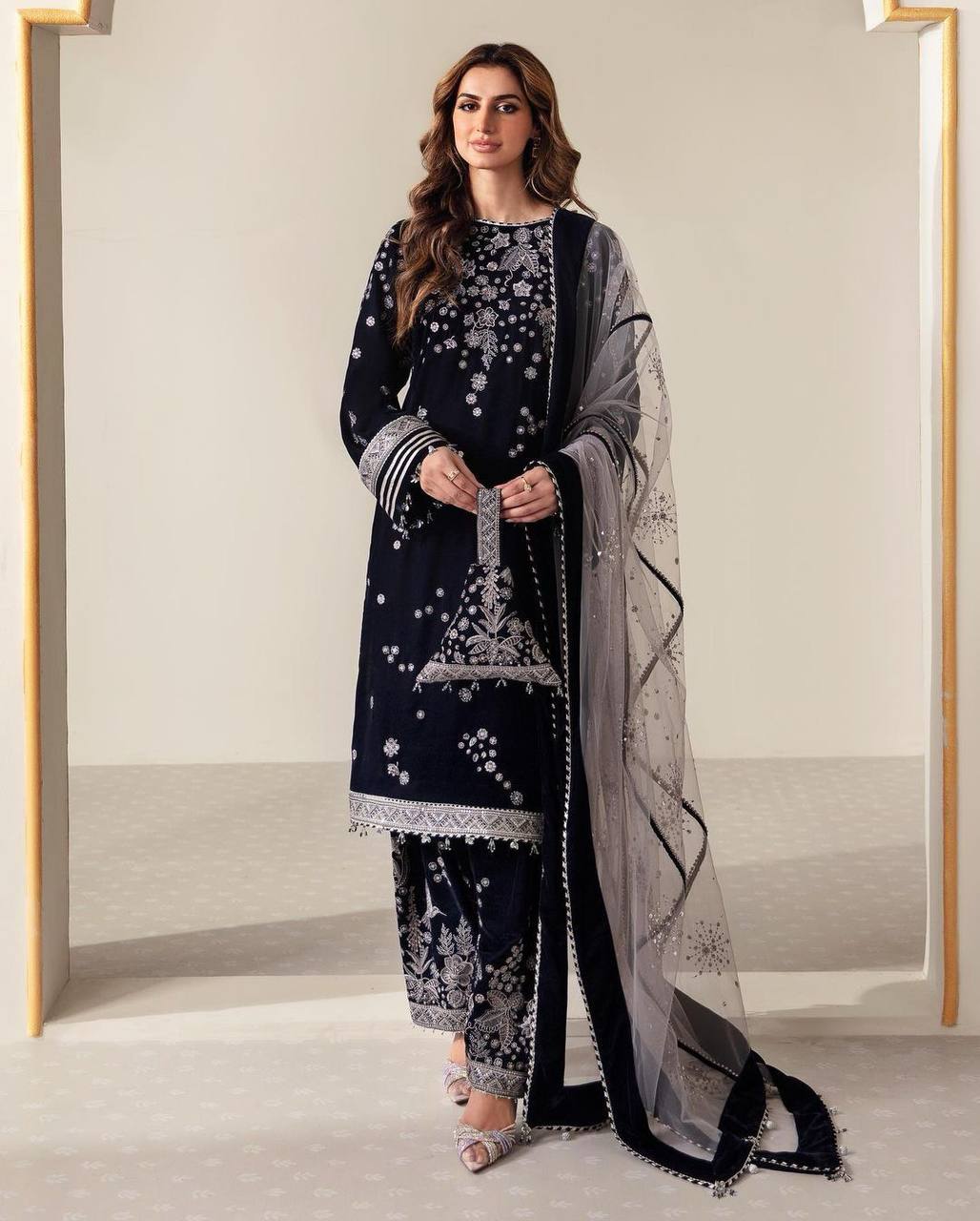 Elegant Winter Velvet Suit with Sequence Embroidery & Stylish Net Dupatta