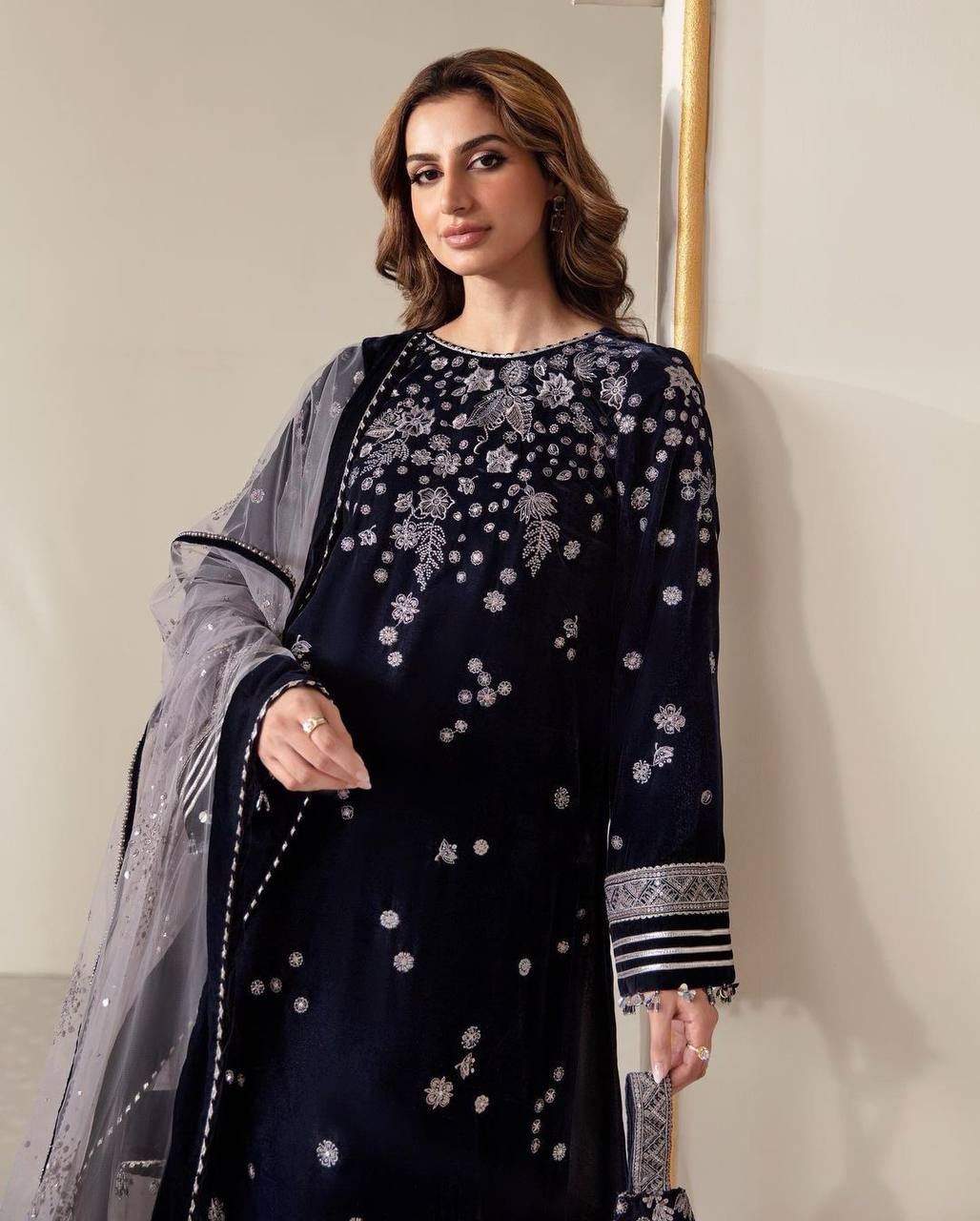 Elegant Winter Velvet Suit with Sequence Embroidery & Stylish Net Dupatta