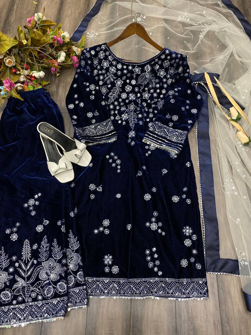 Elegant Winter Velvet Suit with Sequence Embroidery & Stylish Net Dupatta