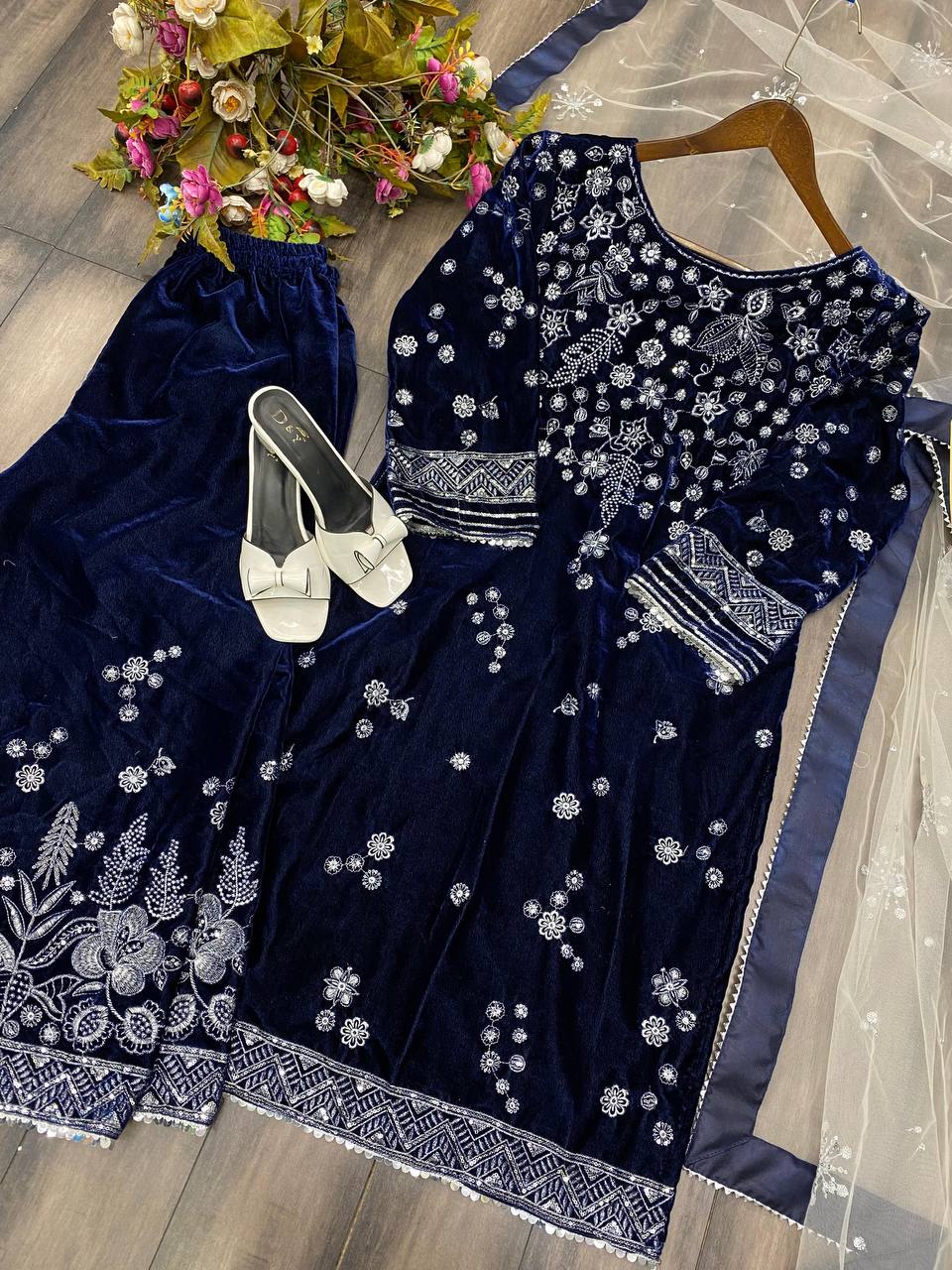 Elegant Winter Velvet Suit with Sequence Embroidery & Stylish Net Dupatta