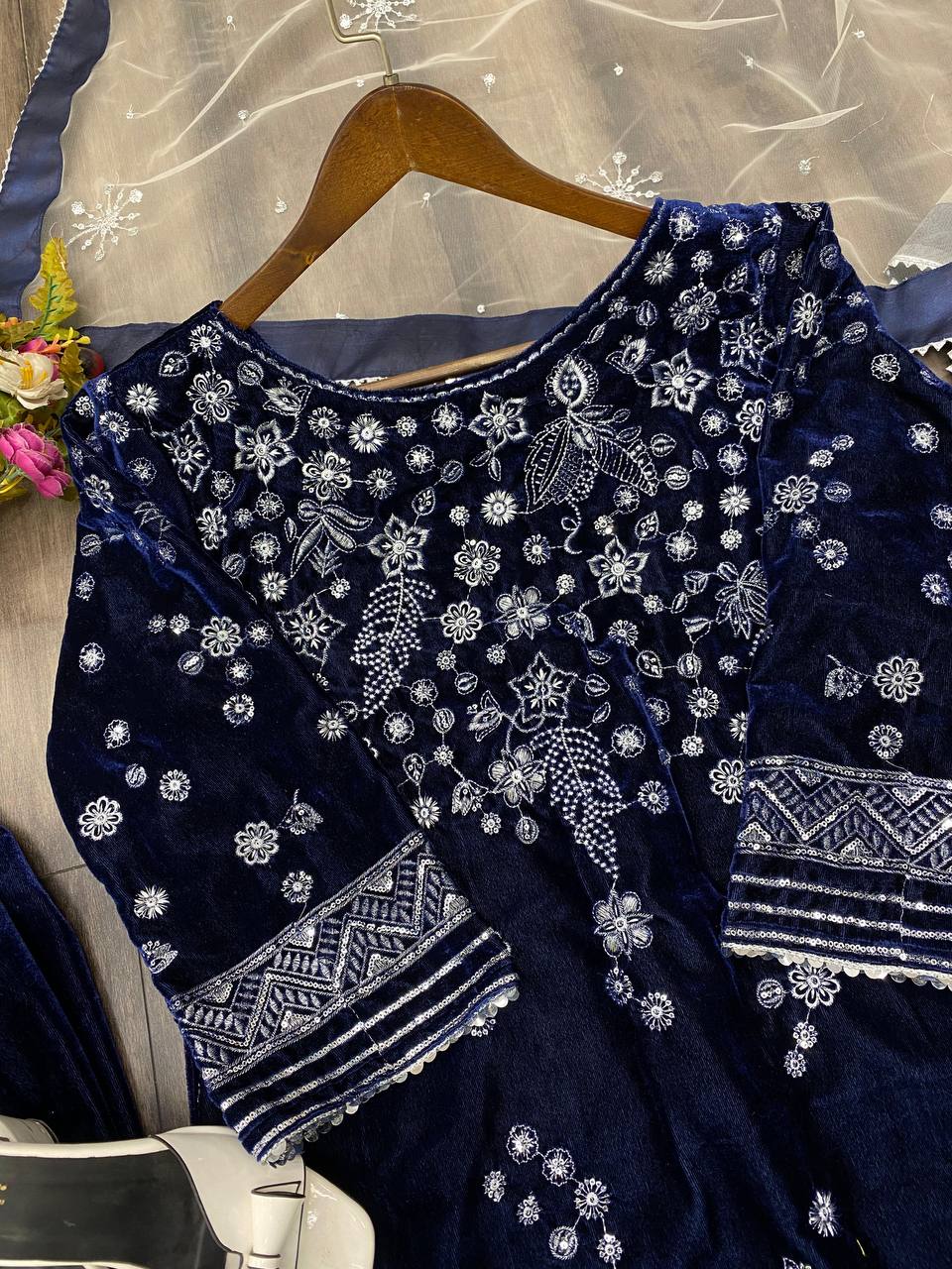 Elegant Winter Velvet Suit with Sequence Embroidery & Stylish Net Dupatta