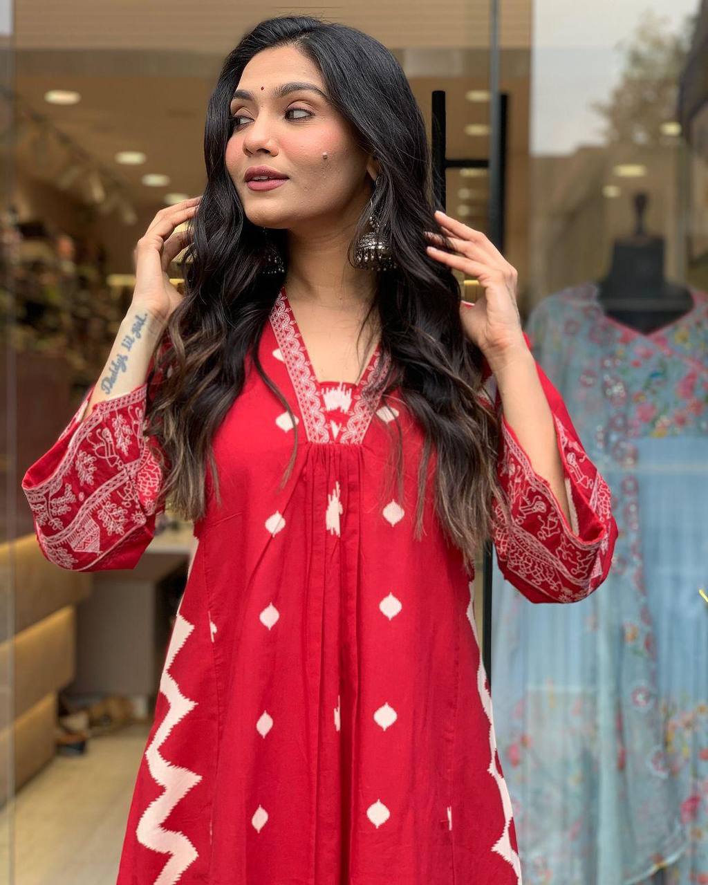 Elegant Red Heavy Cotton Anarkali Suit Set with Hand Embroidery & Block Print Dupatta