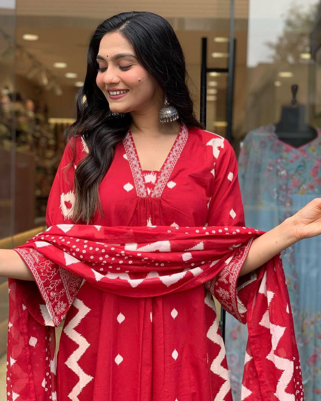 Elegant Red Heavy Cotton Anarkali Suit Set with Hand Embroidery & Block Print Dupatta