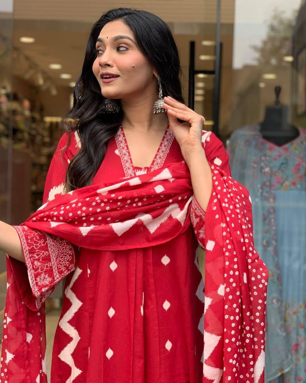 Elegant Red Heavy Cotton Anarkali Suit Set with Hand Embroidery & Block Print Dupatta