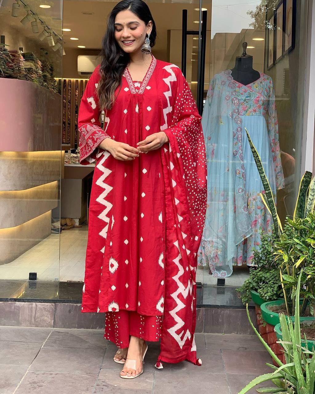 Elegant Red Heavy Cotton Anarkali Suit Set with Hand Embroidery & Block Print Dupatta