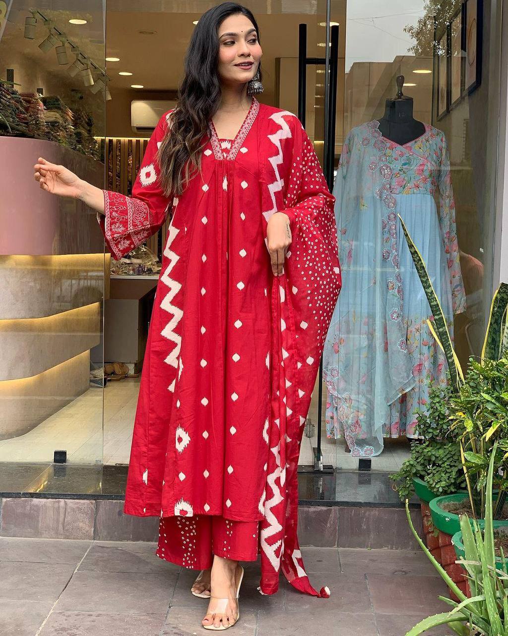 Elegant Red Heavy Cotton Anarkali Suit Set with Hand Embroidery & Block Print Dupatta