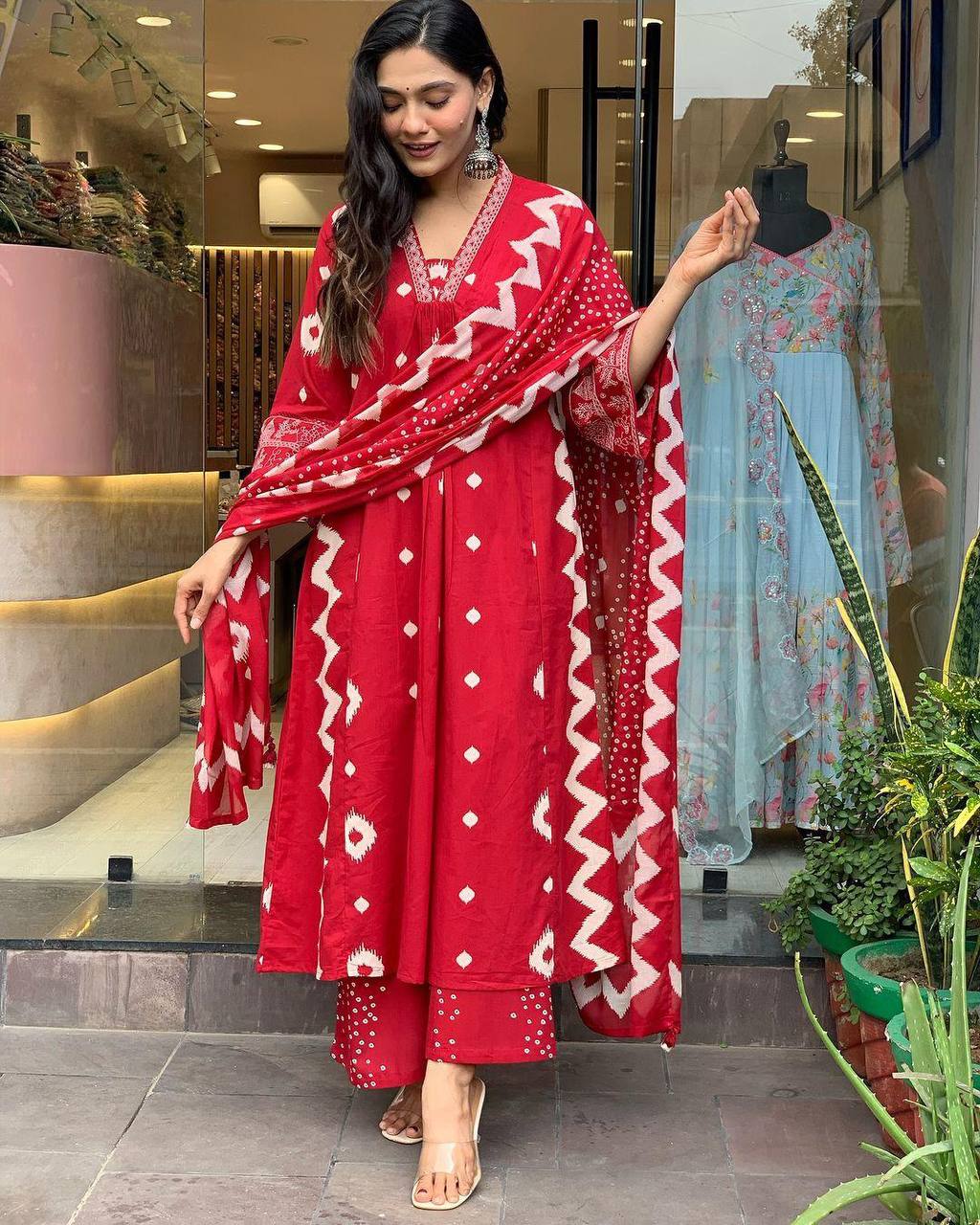 Elegant Red Heavy Cotton Anarkali Suit Set with Hand Embroidery & Block Print Dupatta