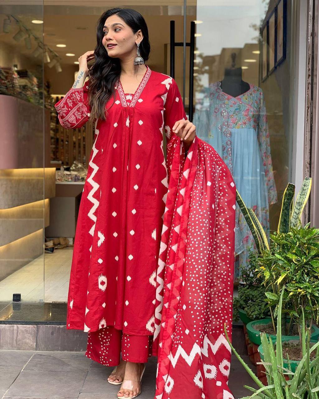 Elegant Red Heavy Cotton Anarkali Suit Set with Hand Embroidery & Block Print Dupatta