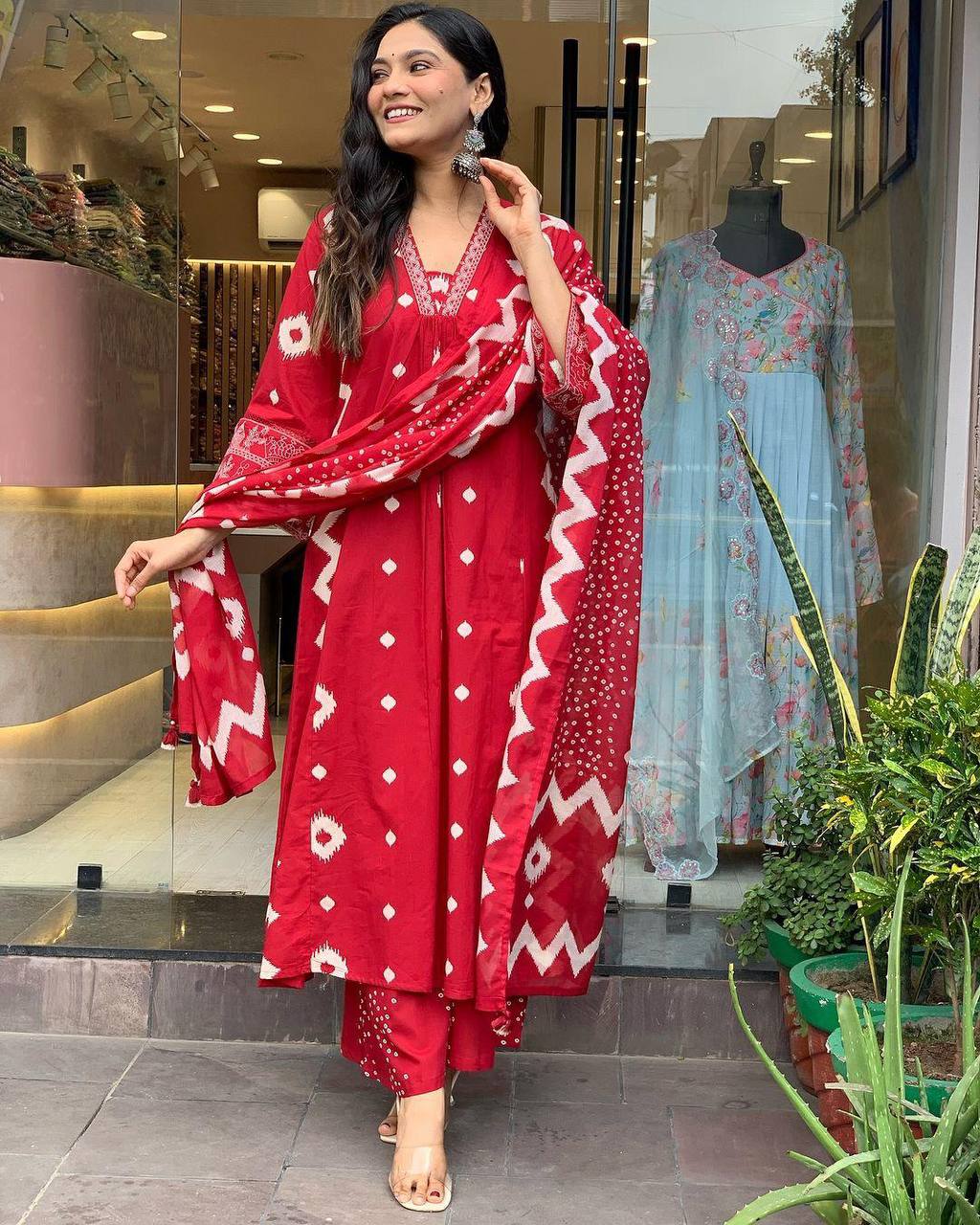 Elegant Red Heavy Cotton Anarkali Suit Set with Hand Embroidery & Block Print Dupatta