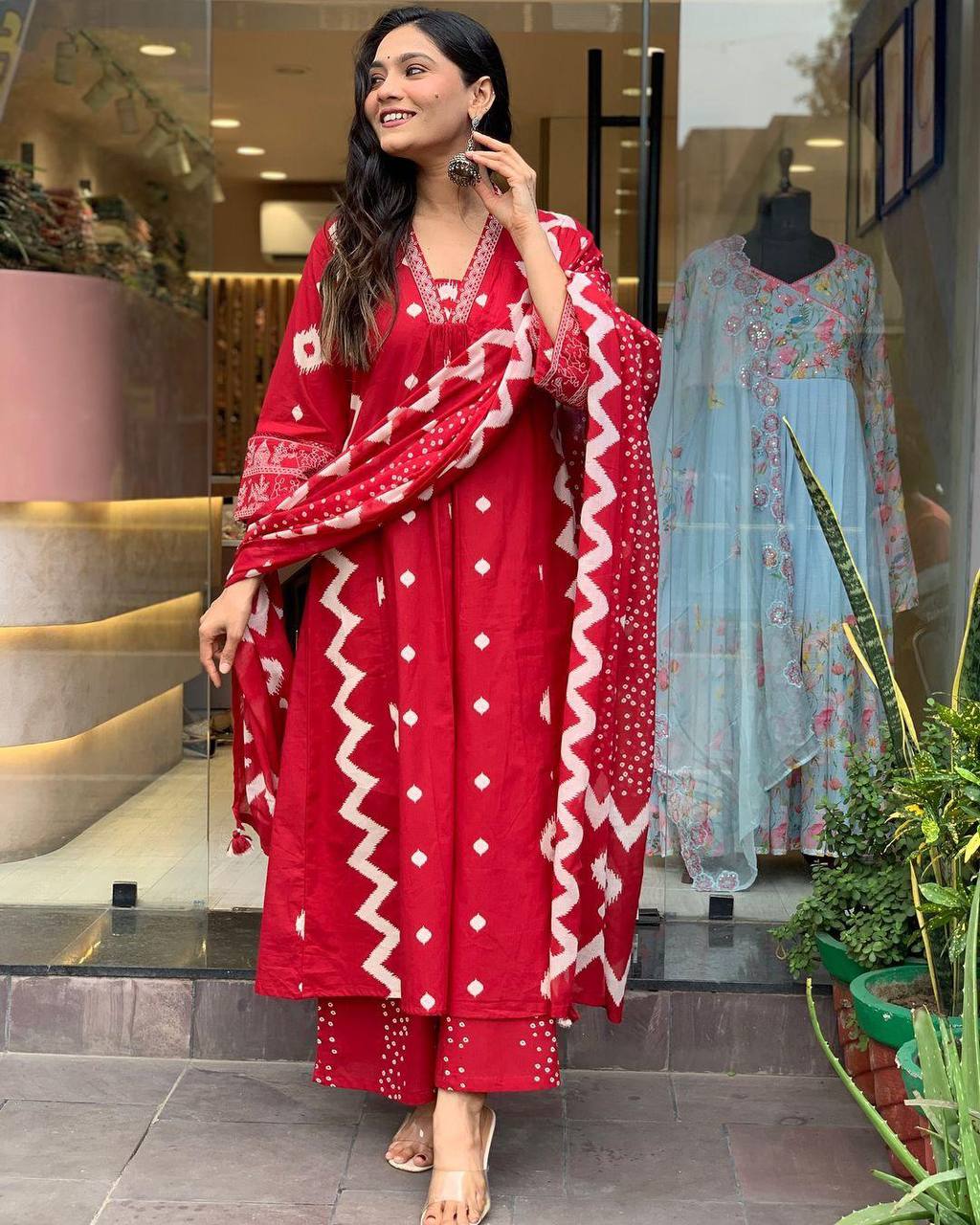 Elegant Red Heavy Cotton Anarkali Suit Set with Hand Embroidery & Block Print Dupatta