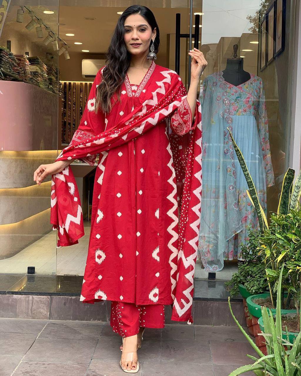 Elegant Red Heavy Cotton Anarkali Suit Set with Hand Embroidery & Block Print Dupatta