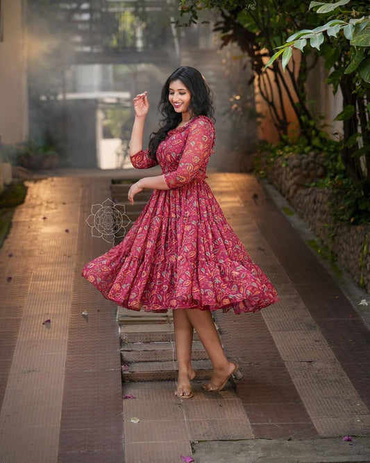 Charming Kalamkari Georgette Short Dress with Beaded Detail & Frilled Neck