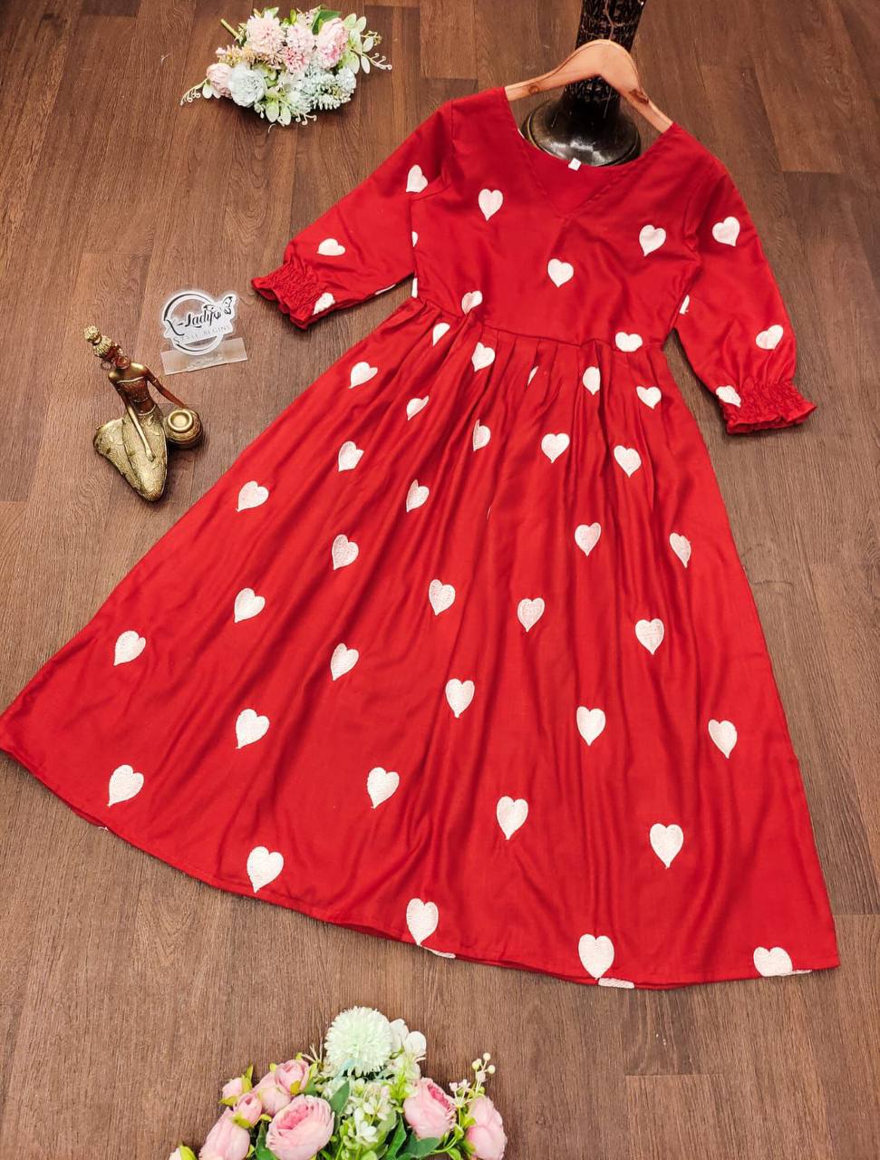 Charming Heart Embroidery Slub Cotton Dress with Bead Detail