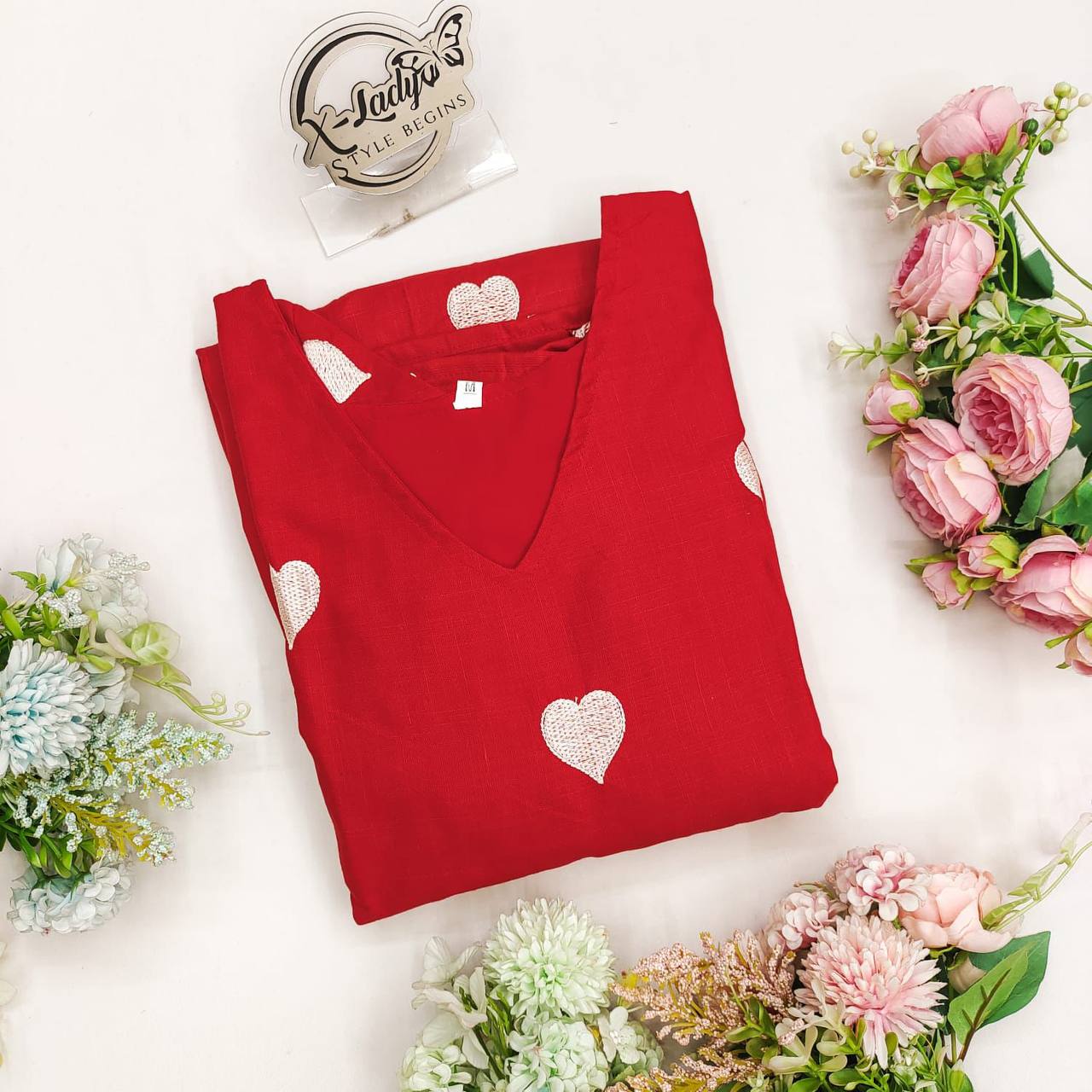 Charming Heart Embroidery Slub Cotton Dress with Bead Detail