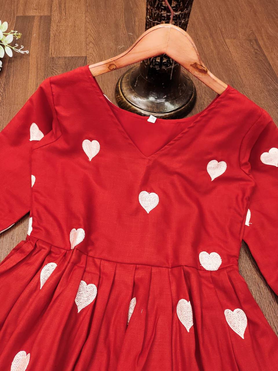 Charming Heart Embroidery Slub Cotton Dress with Bead Detail