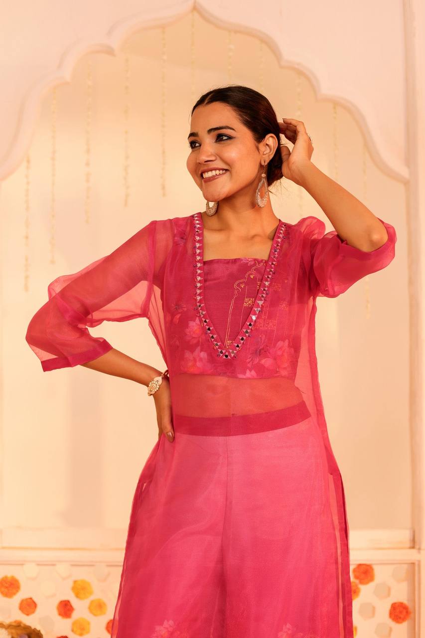 Elegant Pink Embroidered Kurti with Palazzo Set"