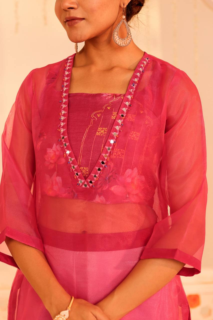 Elegant Pink Embroidered Kurti with Palazzo Set"