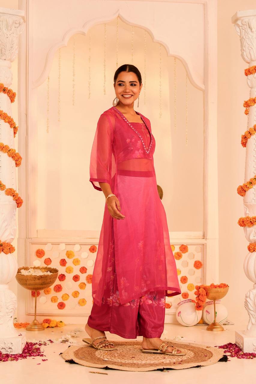 Elegant Pink Embroidered Kurti with Palazzo Set"