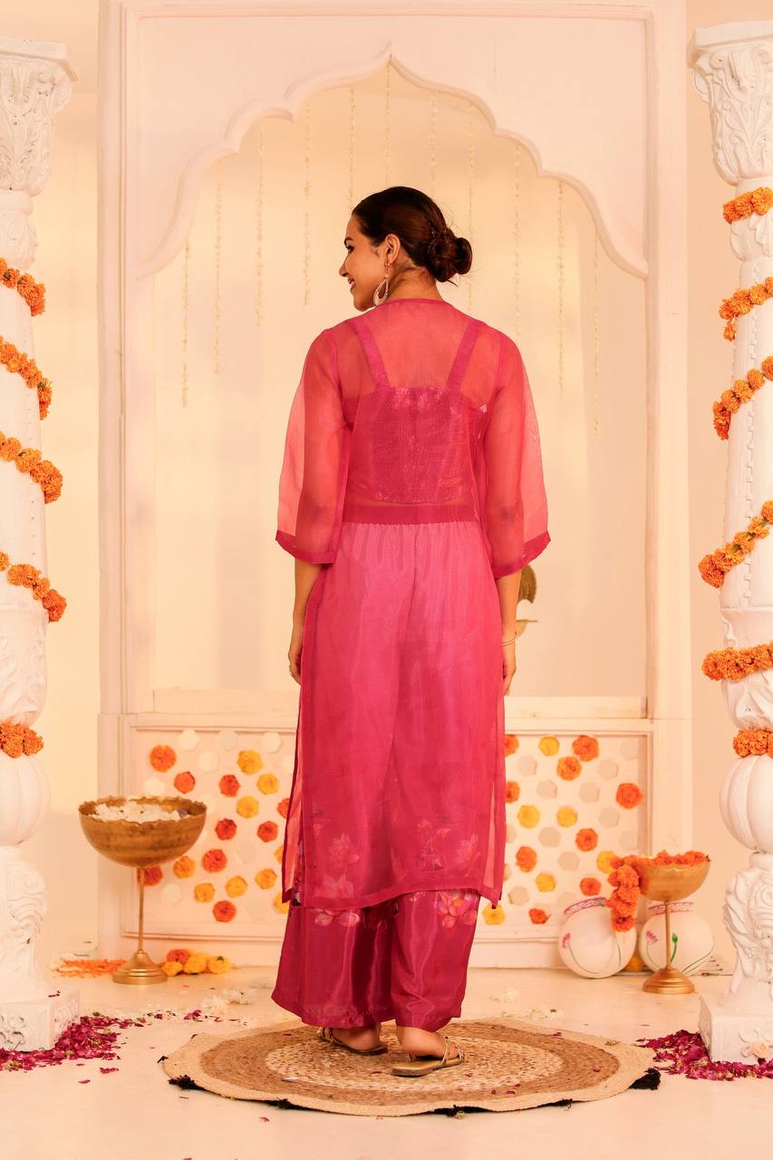 Elegant Pink Embroidered Kurti with Palazzo Set"