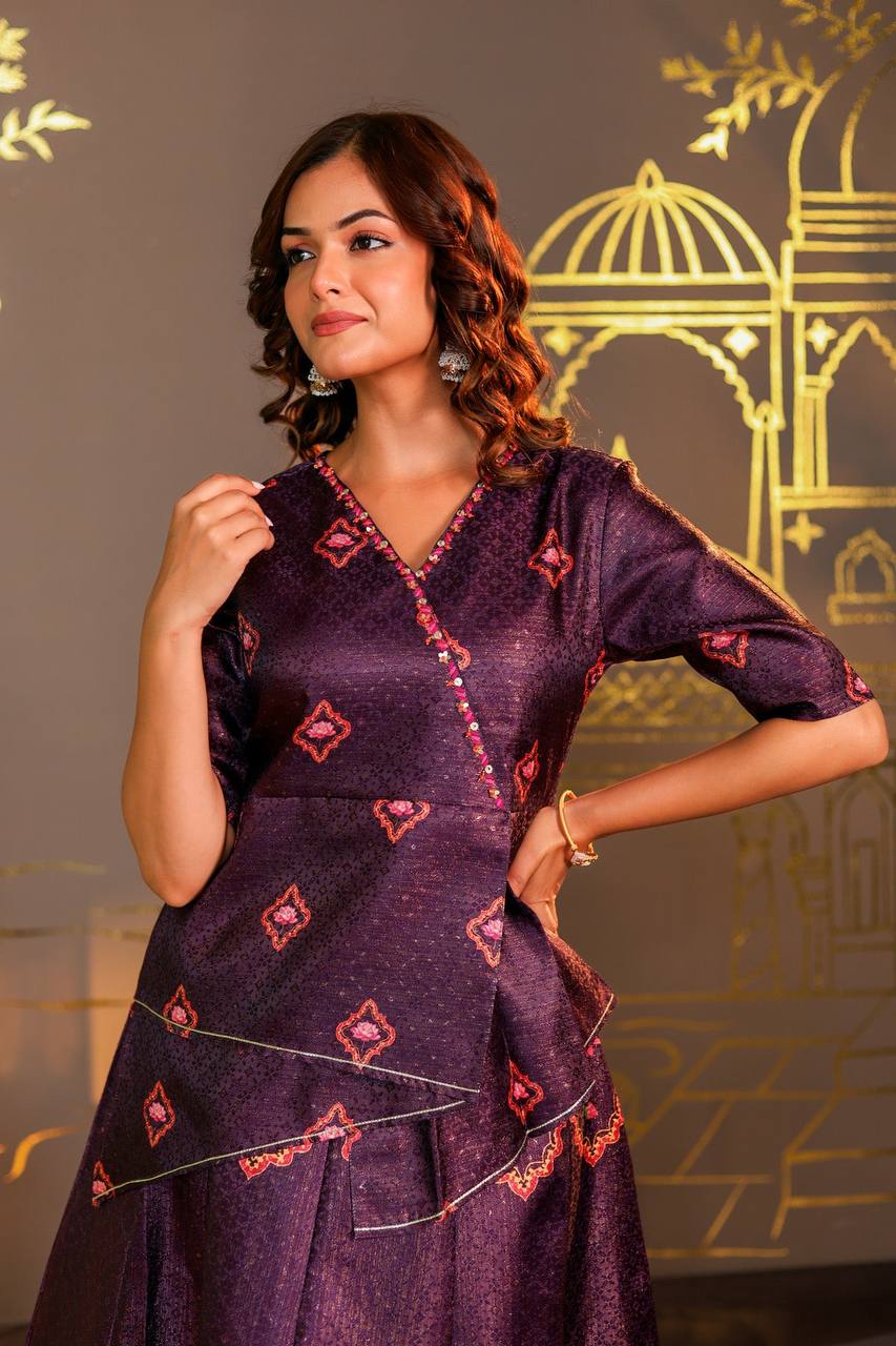 Regal Purple Kamal Skirt & Top Set with Handcrafted Detailing