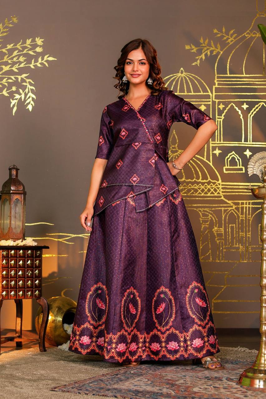 Regal Purple Kamal Skirt & Top Set with Handcrafted Detailing