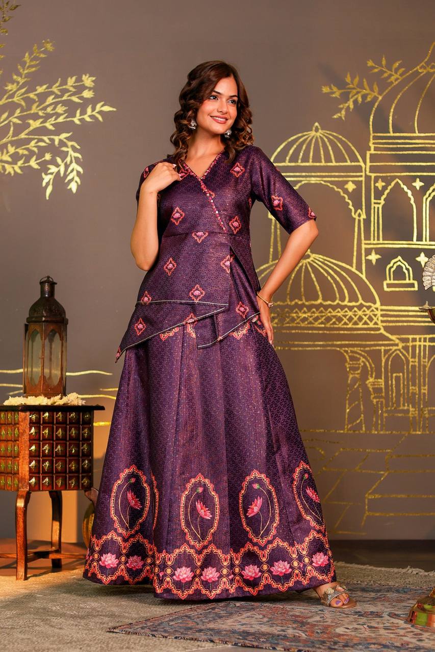 Regal Purple Kamal Skirt & Top Set with Handcrafted Detailing